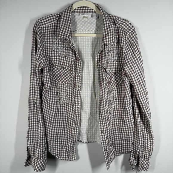 Miss Me Flannel Brown and White Plaid Button Down Shirt - Picture 2 of 8